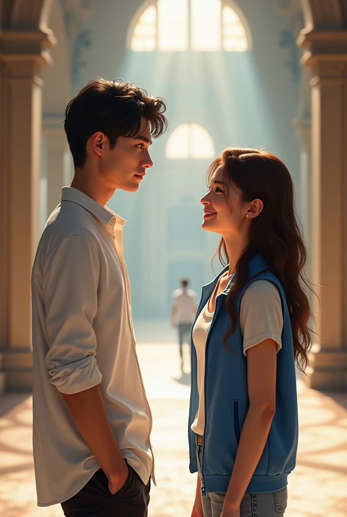 I need a realistic image of an 18-year-old young man dressed in a white shirt and black pants looking from very far away at a not very tall young woman in a hall, she should dress casually, but must wear a blue vest on the torso. The young man should reflect love at first sight, while she should have a smile of innocence. Both must be distanced from each other, he must be seen closer and she further away
