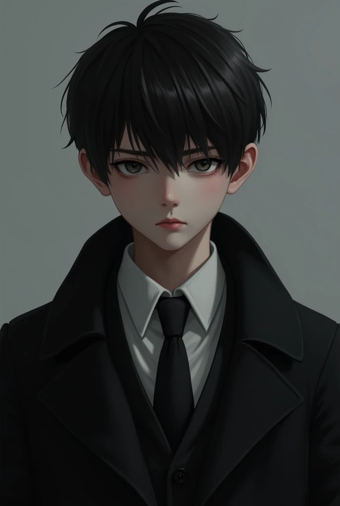 A 16 year boy wearing a black coat with black tie