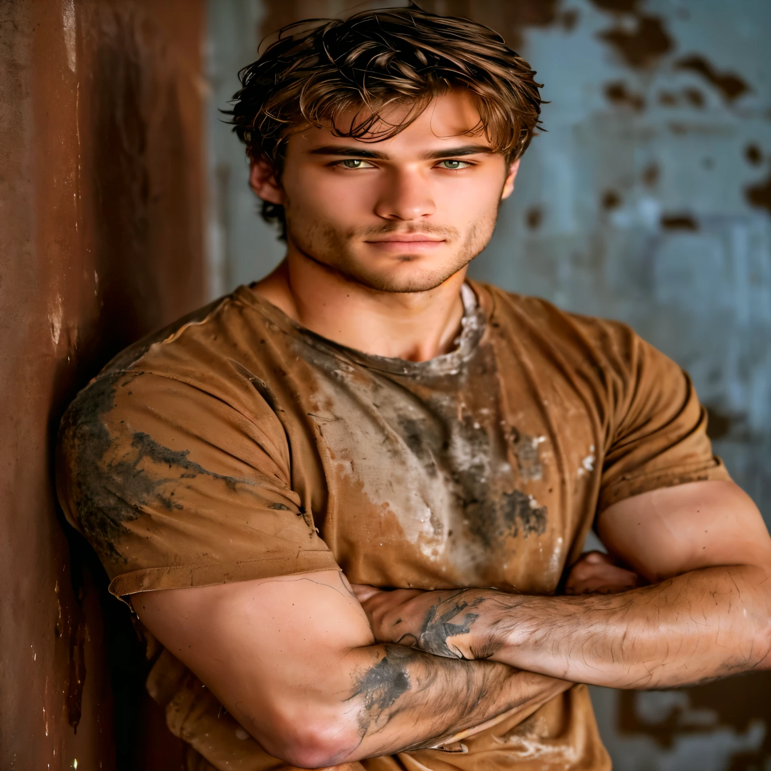 a close up of a man in a dirty shirt leaning against the wall, rough and dirty, handsome man, rough, mid shot of a handsome guy, rough face, attractive man, masculine, really beautiful face!!, perfect beautiful face, male model, cute and attractive, beautiful young man, sweaty and dirty, rosto cute and attractive