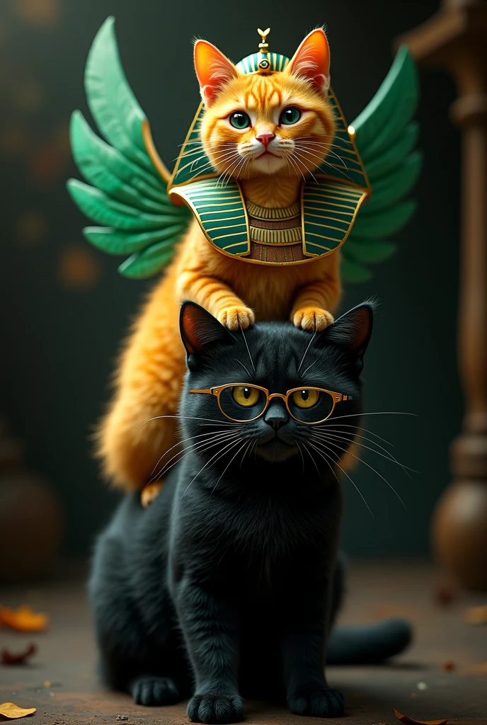 Yellow cat with a green winged Egyptian hat on a black cat with glasses


