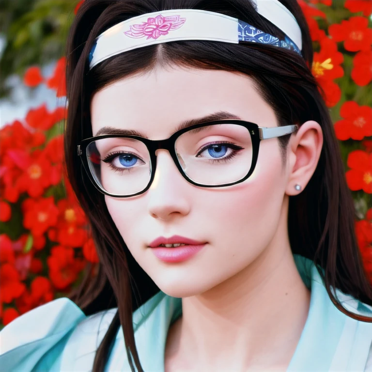 Kizi, blue sky and white clouds, wearing silver glasses, glad, glad, red cheeks, Bblack hair, wearing a pink headband, perfect quality, Focus Clear (disorder - house: 0.8), (work of art: 1.2) (realisitic: 1.2) (bokeh) (best qualityer) (skin detailed: 1.3) (details Intricate) (8k) (detailedeyes) (sharp focus), (glad)