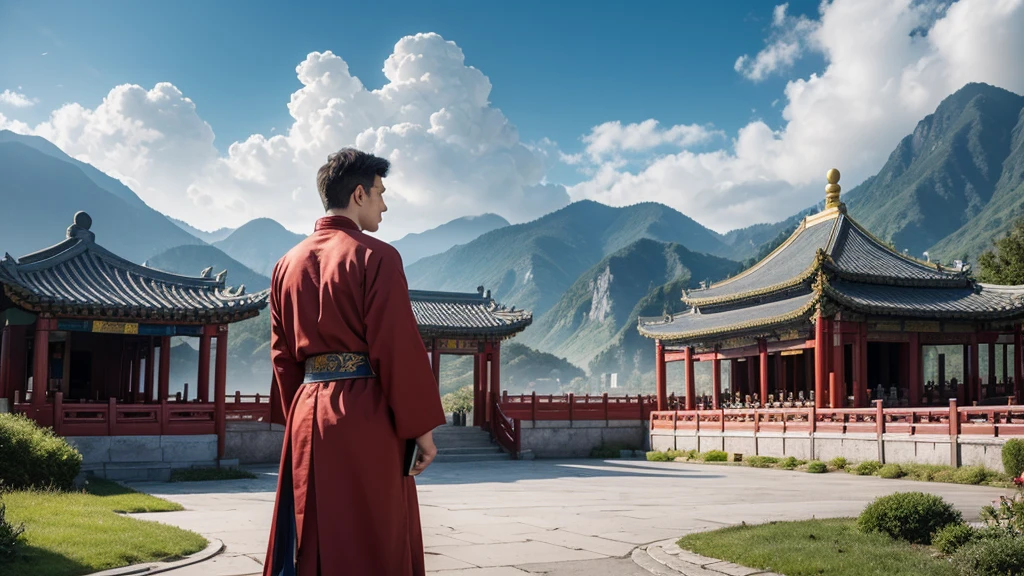 Composite poster，Chinese herbal medicine awareness poster，Man in ancient costume holding a book，The character has his back to the camera，Standing at the huge doorway of the ancient wooden palace，Small proportions of the characters，Distribution of Mountains in the World Outside the Gate，Clouds and mist，In the mountains、Many different types of Chinese herbs are suspended in the clouds，Depth，and its delicate，masterpiece，4K