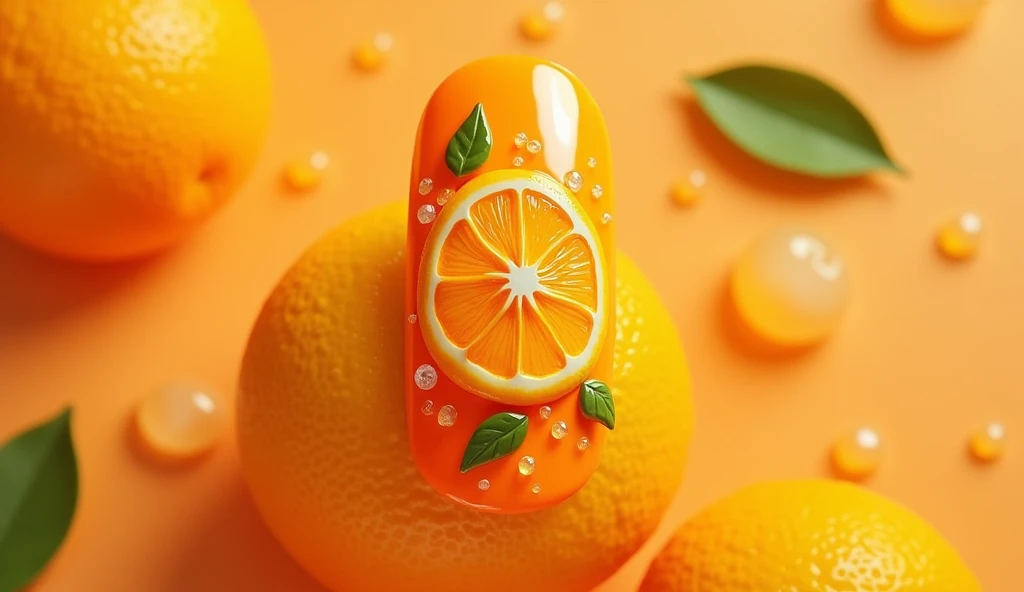 Orange Peel Nail Art: This design brings the zestiness of fresh oranges to life. The center of the nail showcases a detailed orange slice, complete with the natural segments and pulp texture. The background is a textured, 3D orange peel effect, blending seamlessly into the fruit design. Some nails are accented with delicate drops of "juice," adding a refreshing and dynamic touch to the overall look.