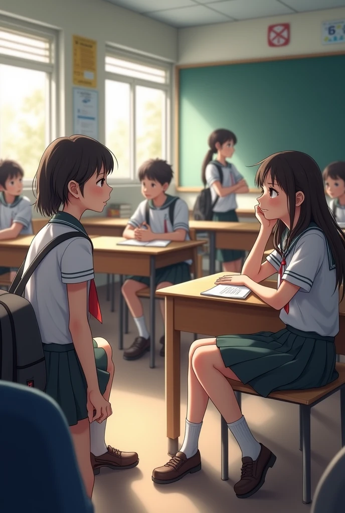 A school girl talking with her friends and a boy sitting nervously in a classroom