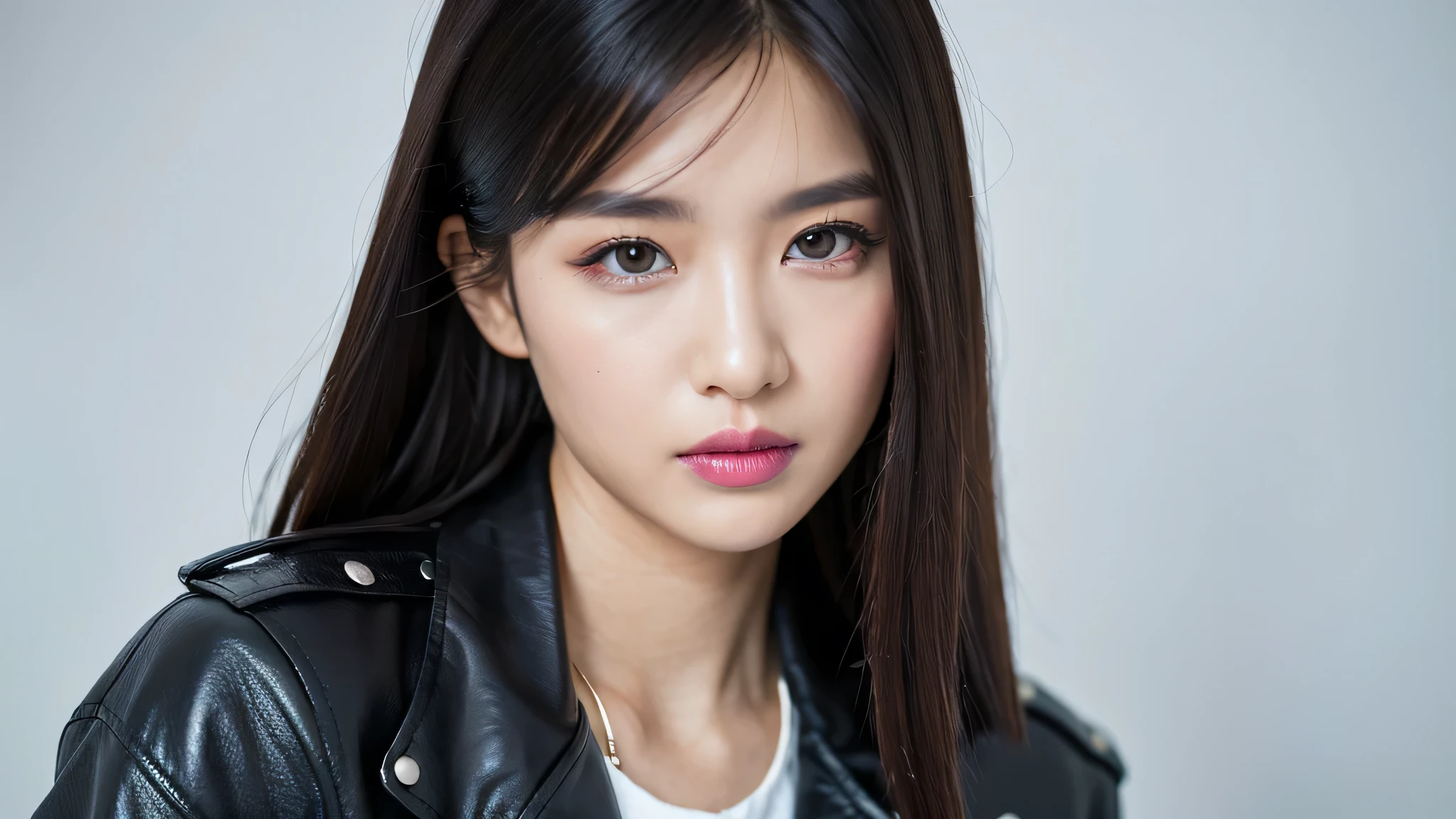 (Detailed face),(vivid),Leather Rider's Jacket,4K,Ultra-high resolution,(Photorealistic:1.7),White Background,Black long hair,
