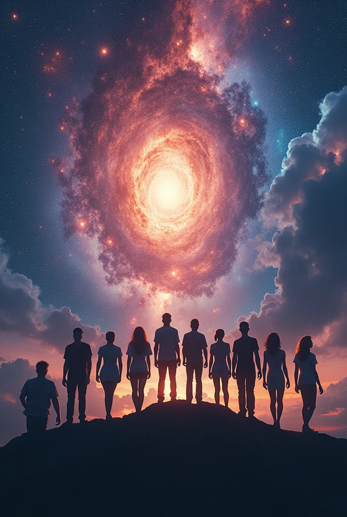 create me a picture of pose for 9 people that is featuring the galaxy