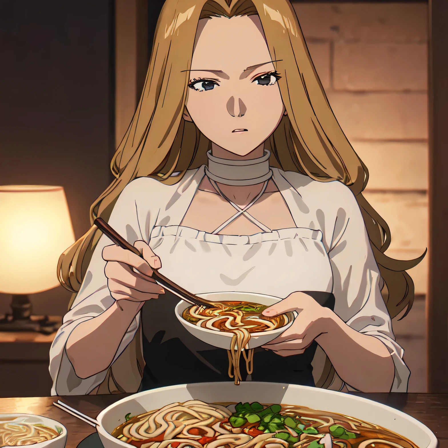 sedang makan semangkuk ramen (safe:1.10), best quality, masterpiece, highres, solo, (methode_sousounofrieren:1.10), anime_style, 10