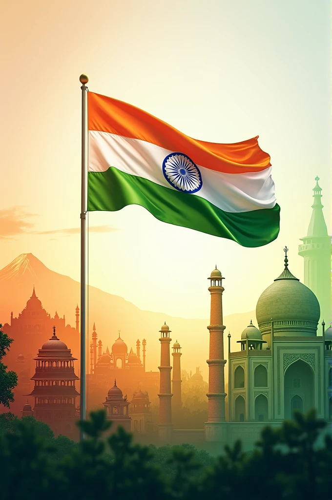 Create an image celebrating India's 78th Independence Day. The scene should feature the Indian flag floating prominently in the center. The background should be a vibrant collage of iconic landmarks, including Mount Everest, the Taj Mahal, Hampi, Charminar, and Amaravati. Additionally, the backdrop should include subtle, respectful images of Indian freedom fighters. The overall mood should be celebratory and patriotic, with bright, festive colors."