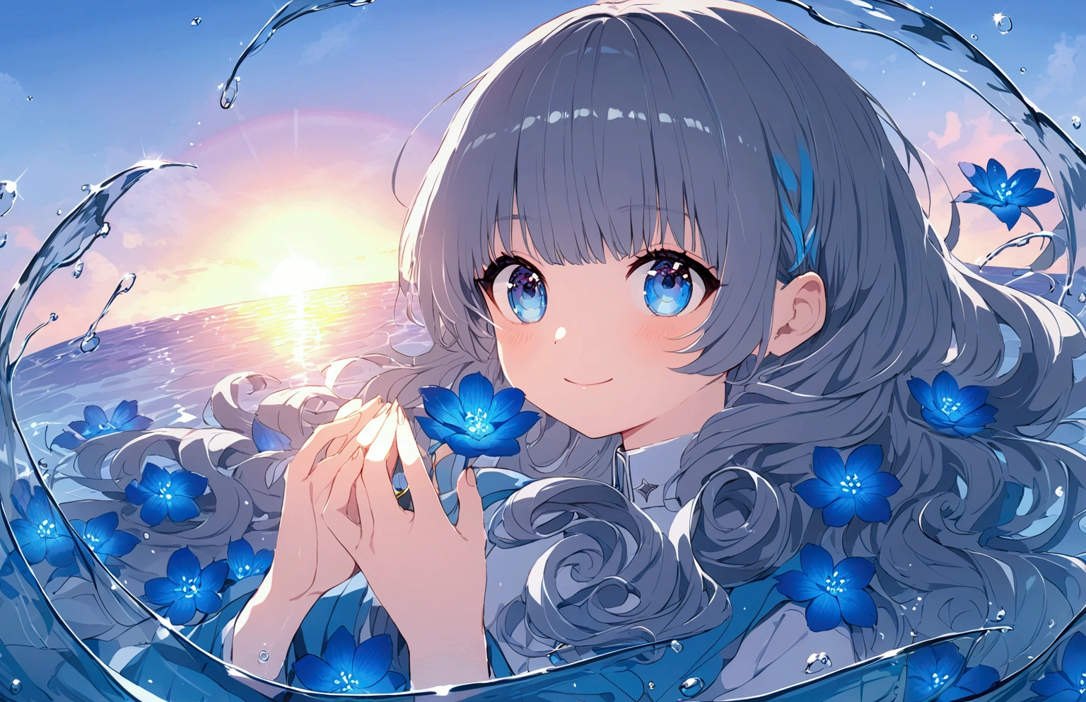 Fraction_9,Fraction_8_superior,Impressionism.sunset.1 person,White, super long, curly hair,blue eyes,Lying in the water,巨大な時計のsuperiorに横たわる,Handstand,A form enveloped in water,Reflexive,Shiny,Blue flowers in hands,Water flower,smile,rainbow,Blue Theme,(Gray Hair)
