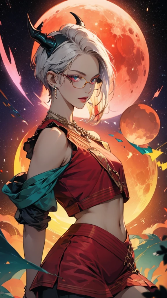 8k, masterpiece, best quality, highly detailed, 1 girl, tiefling, warlock, pixie cut, multicolored hair, very short straight hair red highlight hair on white hair, strippled hair, wearing glasses, round glasses, earrings, navel piercing, red eyeshadow, long eyelashes, blushed cheek, red lips, pearl necklace, rings, collarbone, mole on face, glamorous, teal and purple clothes, sleeveless, miniskirt, smirk, close up view, rings, looking at viewer, demon horns, solo, milky way, starry sky, blood red moon, standing, chains on the background.