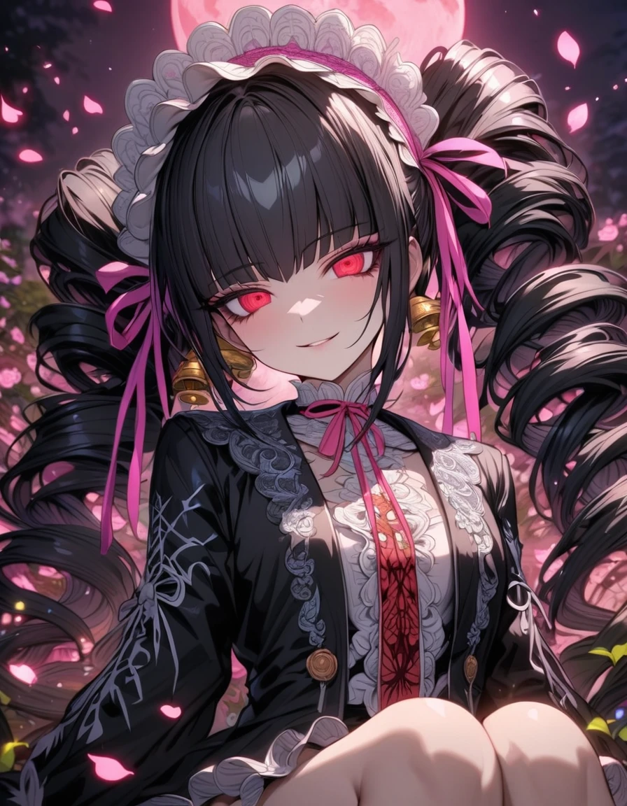 Ultra detailed, highres, absurdres, HDR, master piece, Celestia Ludenberg, black hair tied into two twin-drill pigtails, white bonnet, expressive red eyes, black jacket, white shirt, Danganronpa, pink flowers, petals, fireflies, pink moon, woman sitting, solo, extremely beautiful, very detailed face and eyes, best quality, fantasy, magical, smirking