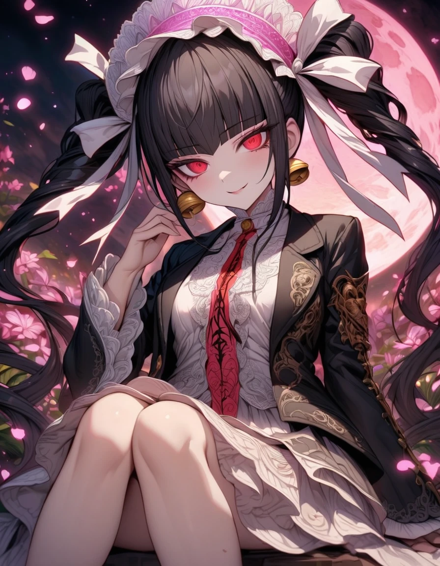 Ultra detailed, highres, absurdres, HDR, master piece, Celestia Ludenberg, black hair tied into two twin-drill pigtails, white bonnet, expressive red eyes, black jacket, white shirt, Danganronpa, pink flowers, petals, fireflies, pink moon, woman sitting, solo, extremely beautiful, very detailed face and eyes, best quality, fantasy, magical, smirking