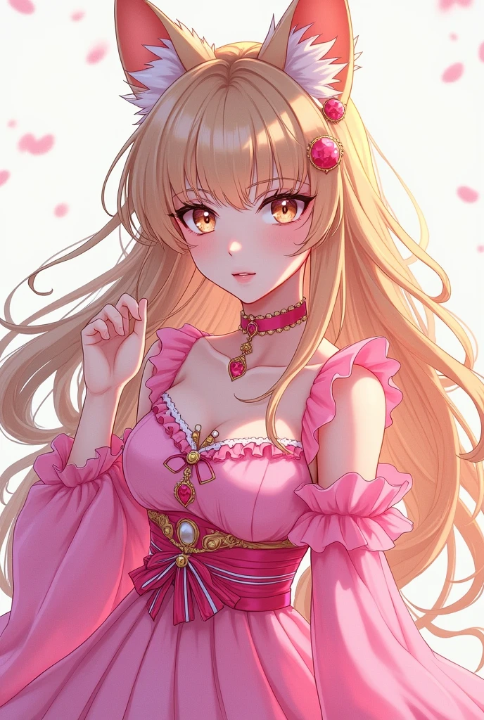 anime girl in pink outfit with fox ears and a pink dress, an anime drawing by Sailor Moon, tumblr, digital art, sailor moon!!!!!!!!, the sailor galaxia. beautiful, sailor moon aesthetic, knights of zodiac girl, the sailor moon. beautiful, portrait knights of zodiac girl, sailor moon style, art deco outrun anime aesthestic, anime catgirl