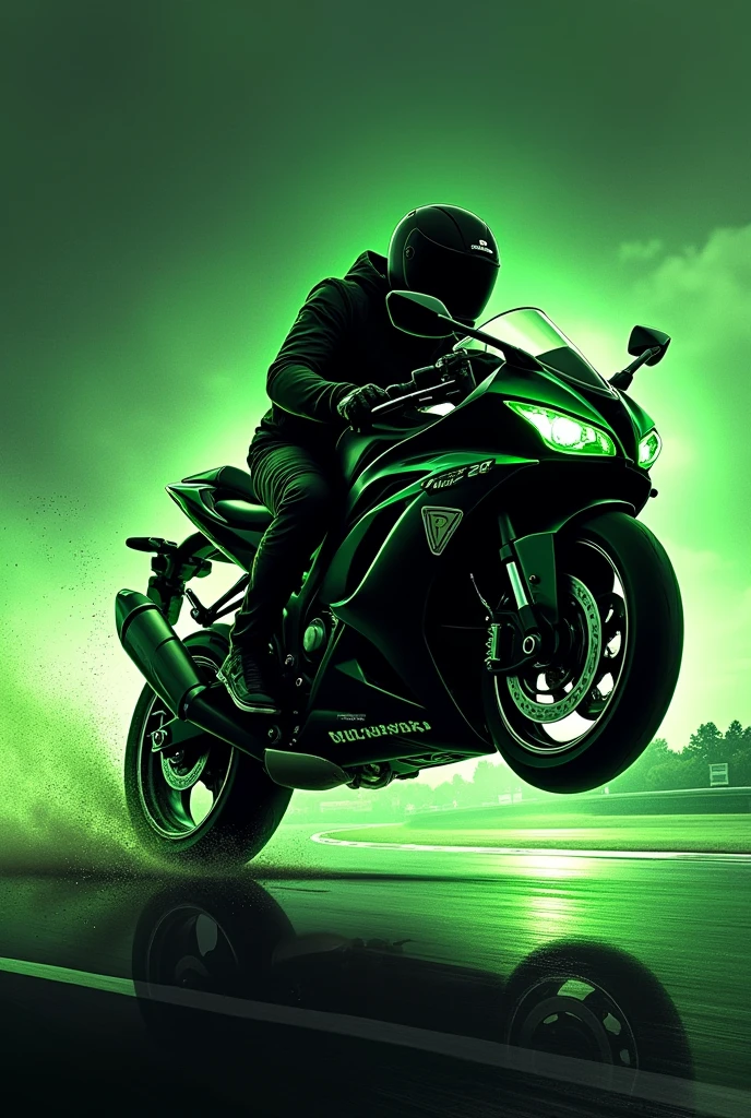 The black silhouette of a green Lightning combined with a Kawasaki Ninja 300 displacement motorcycle, falling on the track, The bike is in profile and under the surface it says "Green ray", It is an epic and striking drawing style design