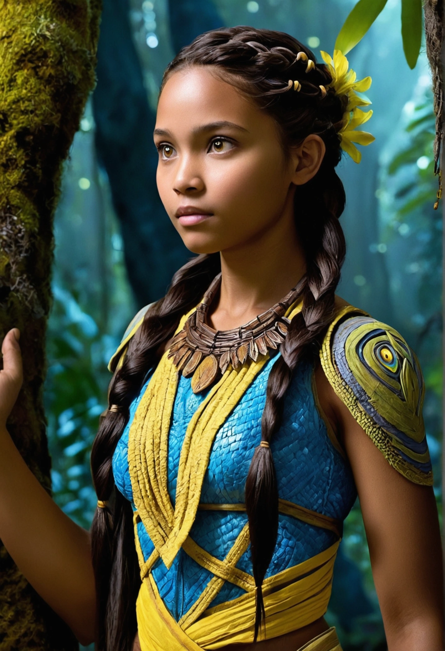 Sent by Copilot:
Of course! Imagine Malia Baker transformed into a Na'vi, moving gracefully among the giant trees of Pandora. Her skin is now a brilliant blue, decorated with bioluminescent patterns that glow in the twilight. Her large yellow eyes shine with curiosity as she observes the exotic creatures around her. Malia wears a tunic woven from leaves and natural fibers, and her long dark hair is braided with feathers and beads. Every step she takes seems to be in harmony with nature, and her connection to the world of Pandora is undeniable. 😊