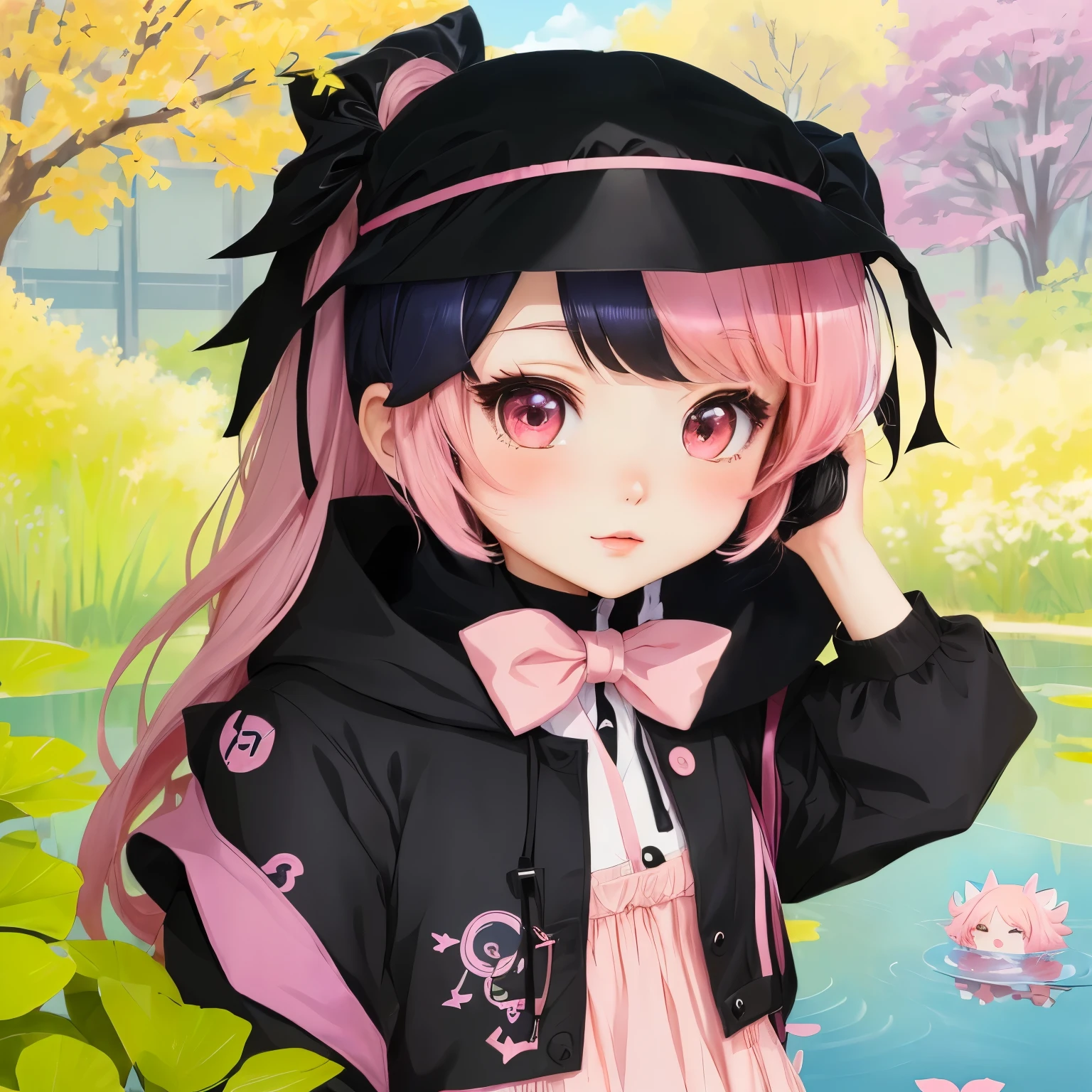 anime girl with pink hair and black jacket standing in front of a pond, my dress up darling anime, chibi, anime moe artstyle, inspired by Awataguchi Takamitsu, anime stylized, inspired by Takehisa Yumeji, inspired by Jin Homura, inspired gacha club game, style of maple story, cute anime style, anime styled