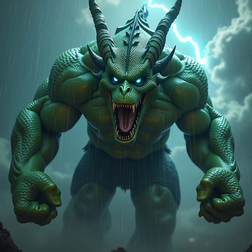 Seen from above, a picture of a muscular Hulk with a half-Green Devil Dragon face with two dragon horns, dragon wings with a combination of black colors, blue, green. Mata blue menyala, roaring, add scary supporting elements and ornaments. realistic image, ultra realism, perpfect detail. hyper realistic, 4K, UDH. ultra detail, Hyper maximalism, fantasy, badass, very detail, Render Octane. lightning and rain, asap and cloudy skies, The hand grips