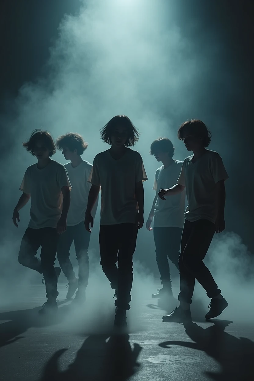 create a group of 6 silhouettes of young-adult men dancing in the shadows they are looking to front and have medium fluffy straight hair, cant see any details of them, with more smoke in the ground; they are in a empty show stage;
good try, but there must be 6 men
They have shirts