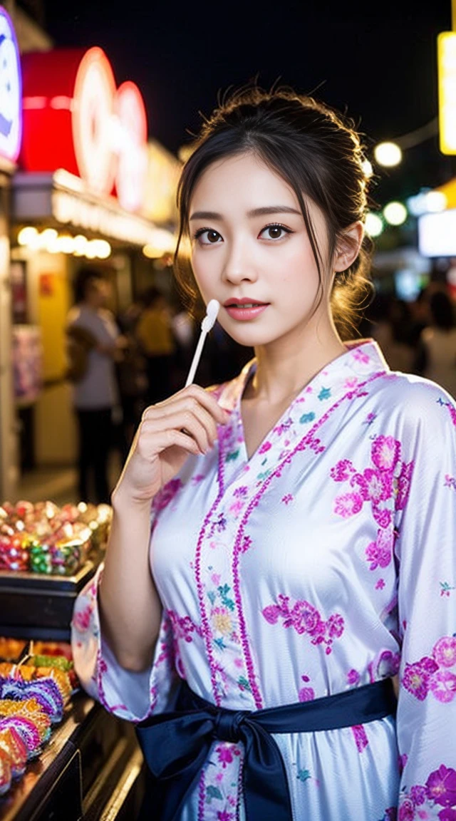 Dark brown hair、Light brown eyes、Japanese actress、 Lady、I am about 40 years old..、(Intricate details:1.2)、(Which is higher???:1.4)、 (超High resolution:1.2)、超High resolution、(Fine-tune)、(Detailed faceの特徴)、Hmph、8k resolution、D cup size breasts、Long Hair、Hue、night、,Full body photo、masterpiece, (One beautiful person), Detailed eyes, Highest quality, 超High resolution, (reality、festival、Opening a store、candy stall、night、walk: 1.4), Original photo, One Girl, Cinema Lighting, standing、 Asian Beauty, Beautiful skins, (超reality的な), (High resolution), (8k yen), (Very detailed),(Ultra-detailed), Detailed face, Fireworks display、Opening a store、yukata、Put your hair up、Japanese clothing、Hairpin、night、Yukata、Japanese Yukata、