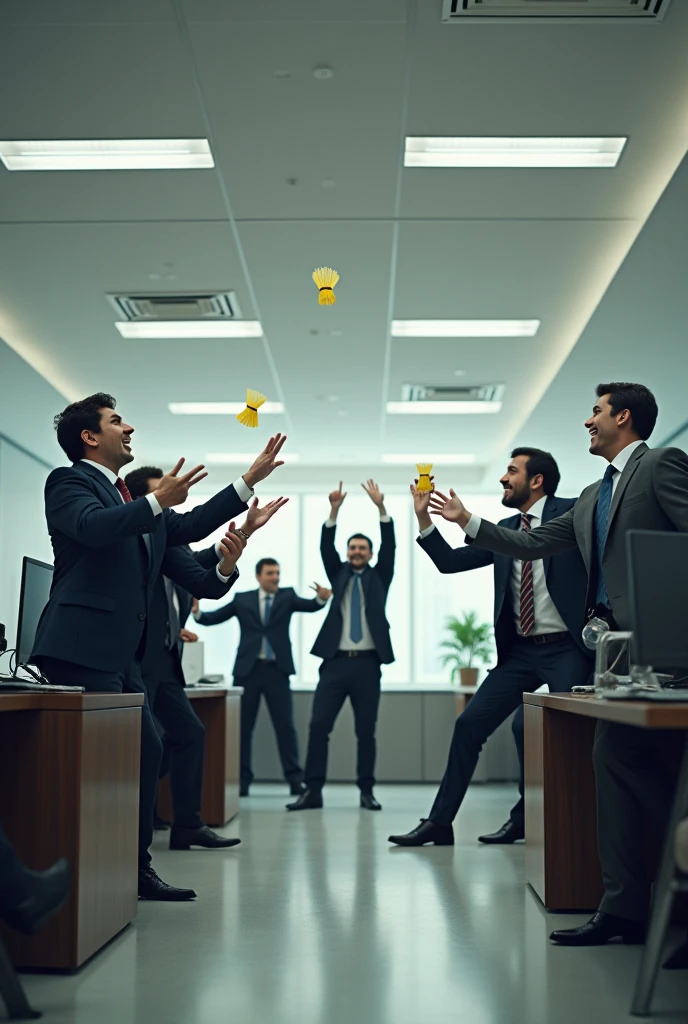 A group of businessmen, In an office, playing shuttlecock, desperate 