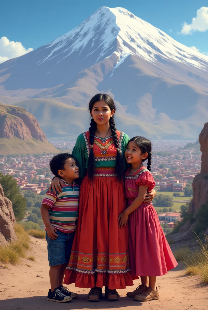 A cholita with 2 braids , voluminous skirt , (Cholita from the center of La Paz, Bolivia ) with his son and daughter facing forward with the city of La Paz and the Illimani mountain in the background