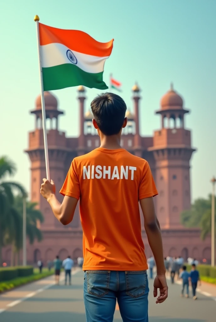 A real 20 years old boy, Wearing Orange T shirt blue jeans sneakers and the name “NISHANT” is written in big and bold letter on his t-shirt and the boy is standing backward on the road with holding a national flag of India, and behind him is the Red Fort Delhi. And written on sky “Independence Day” Create Realistic image high quality