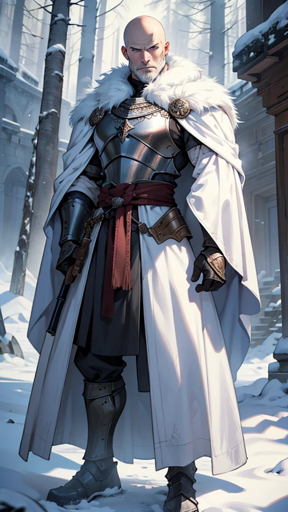 Fantasy, Middle Ages, Strong giant warrior with bald head, white steel armor, White skin, .The man has steel armor and a fur cloak.... Mascara around the eyes, shadows under the eyes, Male in his 50s, It's very serious............., Background with: Ruins in the forest in front of the snow-covered castle