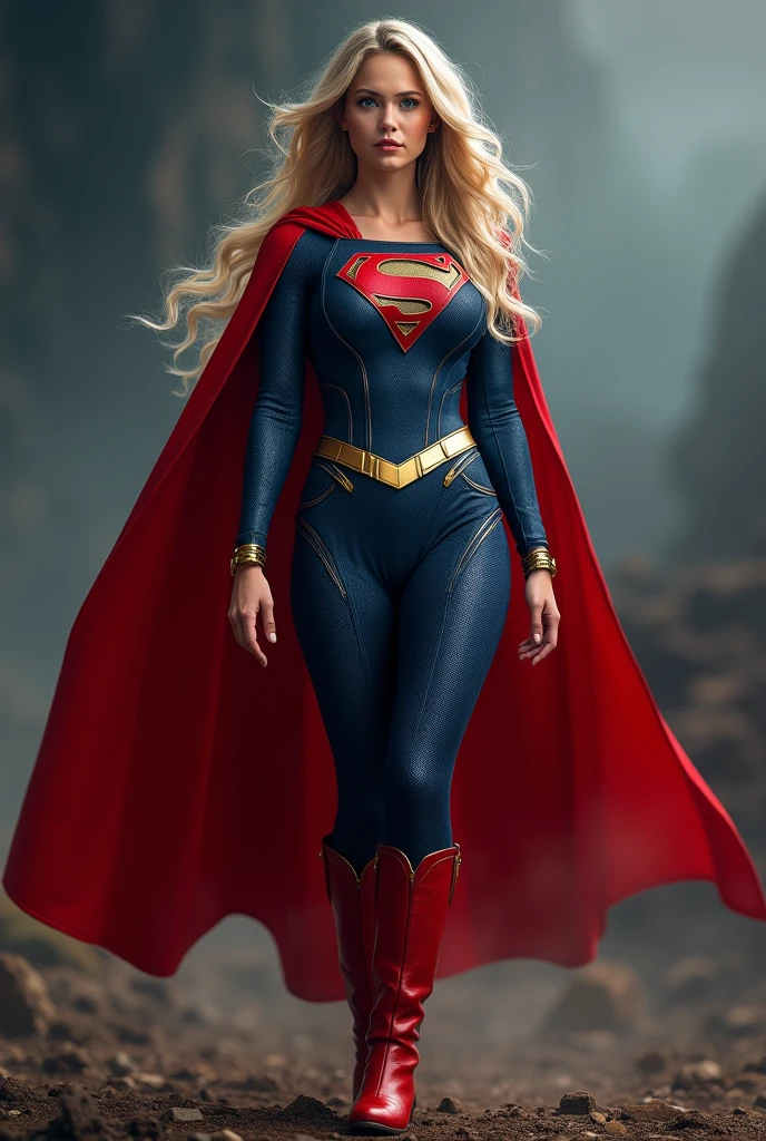 (((Jennifer Lawrence under the mantle of the Kryptonian Kara zor-El aka Supergirl long blonde hair Red corset suit and blue leggings with red boots red cape))),(((Long gold bracelets))),(((Emblema Superman)))