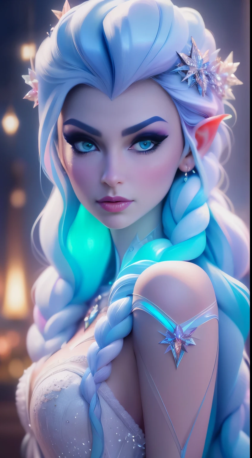 Elfgirl (rose quartz waifu SU-elsa waifu frozen Disney mezclando modelos .) (ultra fUSION of white and pink hair) Highly detailed CG unity 8k wallpaper, style shot, complex, High detail, dramatic, highest quality movie still image, Very detailed, masterpiece, Best Quality, character design, elsa, elsa from frozen,fusión Diamante Rosa (( dark style)), realistic and ultra detailed rendering style, natural light, sharp character design, (hard focus, 8k), (((Natural skin texture))), 8k textures, soft cinematic lighting, Adobe Lightroom, dark room, HdR, sophisticated, elegant, rich detail, Sharp focus appearance) )), calming tones, frenesí de detalles, intricate detail, Super detail, low contrast, Soft film Lighting, Muted colors, Exposure Mix, HdR, Desteñir, 35mm, f/1.4, THEY ARE LIKE THIS, f16, 25 sec.