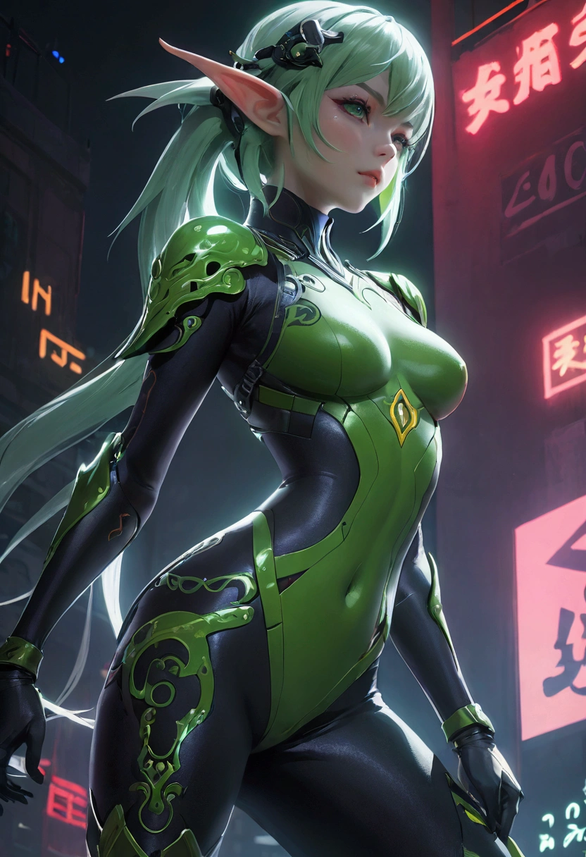 Anime style, Elf Girl, Dragon Horn, Intricate cyberpunk ninja suit、Latex bodysuit、Dynamic action poses、Light green hair, Small Breasts, Slim figure, Moonlit Night, Glowing neon details、Dramatic lighting、Vibrant color palette、High Detail(Best quality、4K、8k、high resolution、masterpiece:1.2)Complex mechanical design、Advanced control enhancement、Glowing energy effect、dynamic motion blur、Striking visual narrative