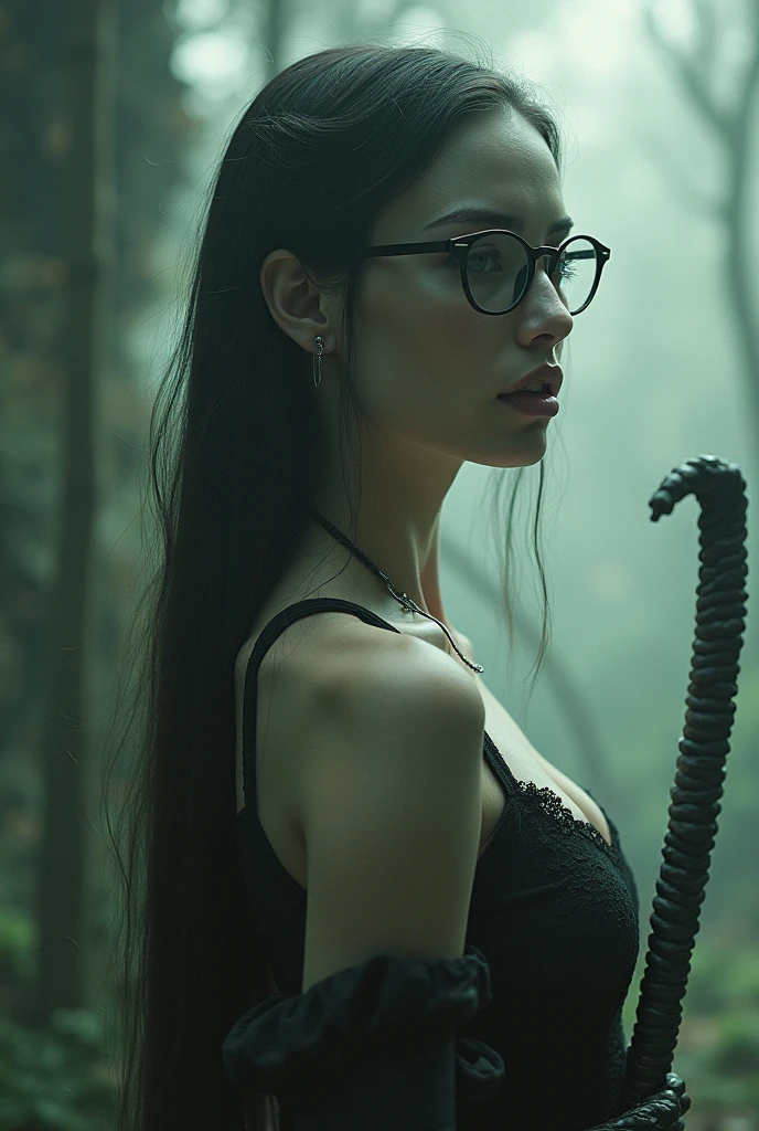 editorial photography,super detailed background,Super realistic,double exposure,depth of field,beauty super slender skinny vibes,soft focus dark tone,narrative scene,unclad body,open lips,very long straight hairstyle,glasses,fine white skin,female whipping commanding her servant demon,