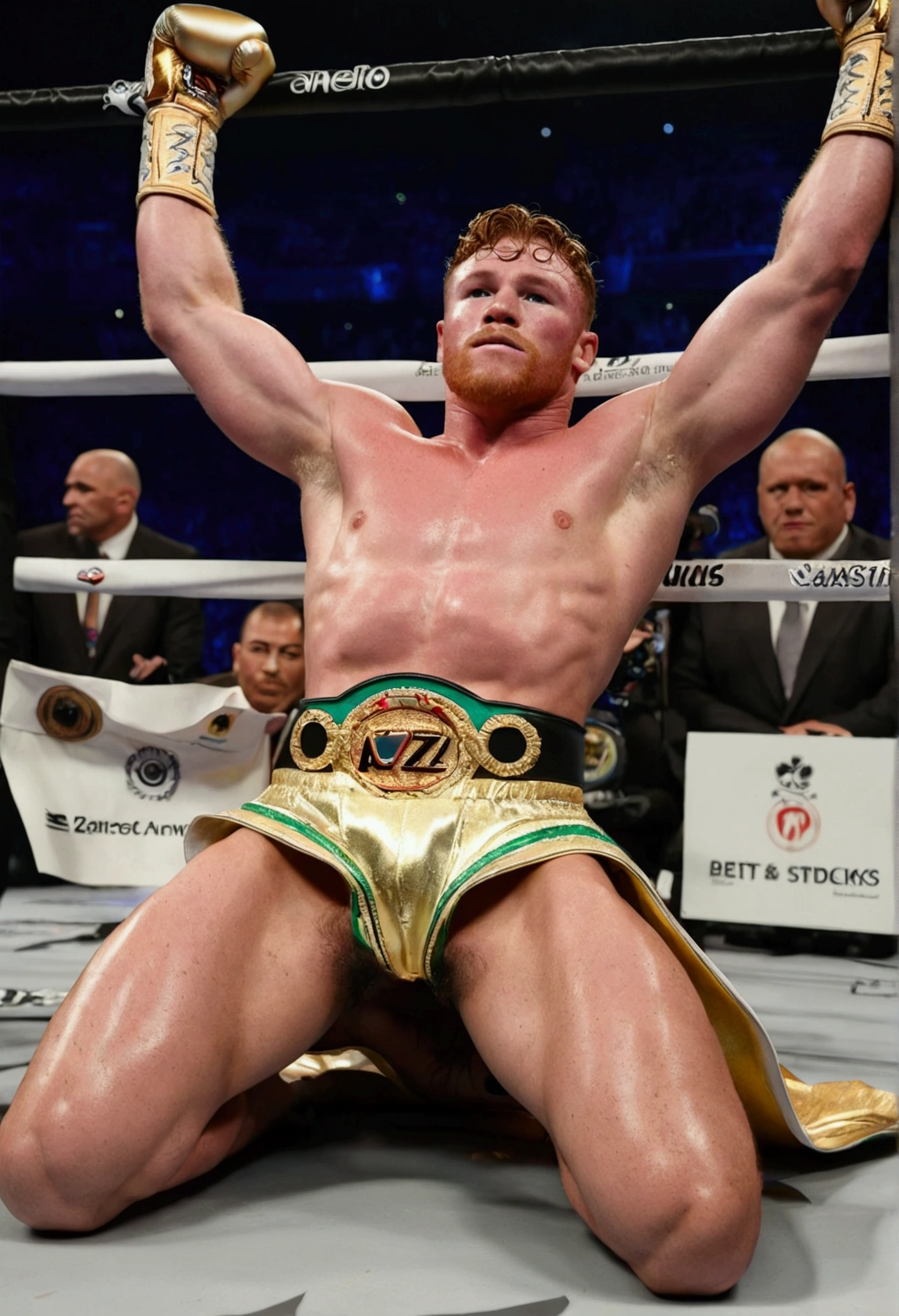 Muscular naked Canelo Alvarez lying on the ground、with legs open and raised to be picked up, his anus sticks out