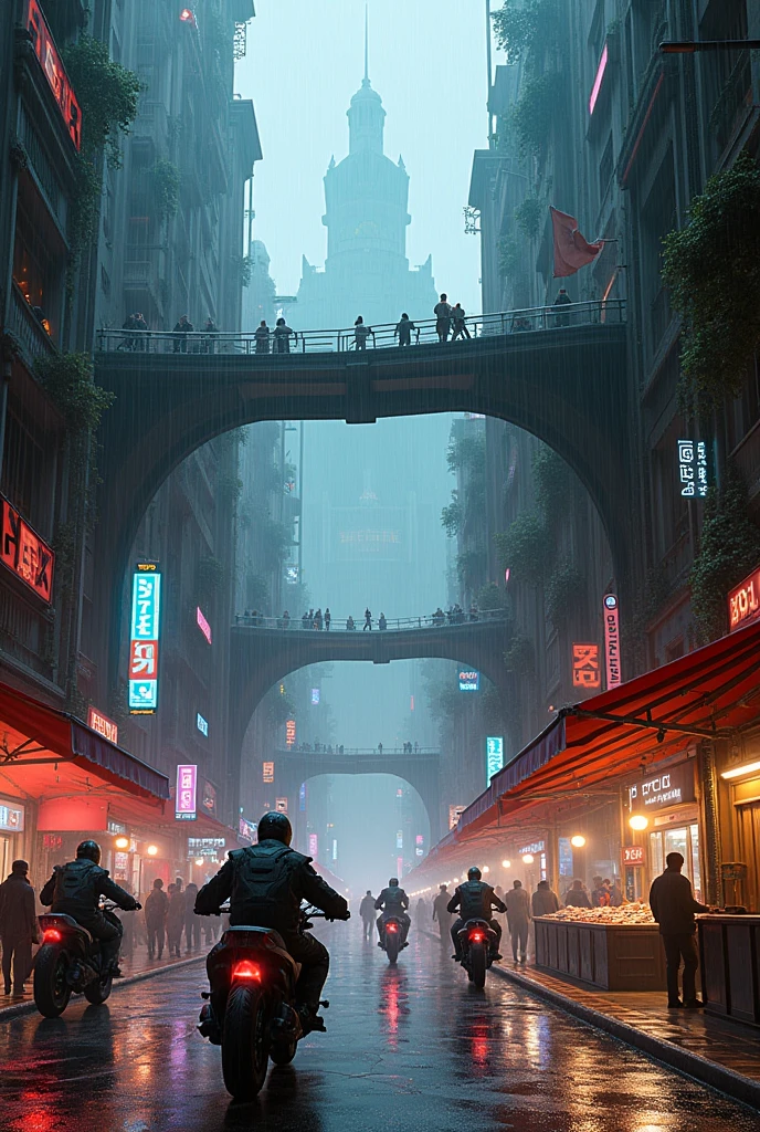 ((masterpiece)),((best quality)),((High Detail)),((Practical,)) Future Era City, There is a deep canyon in the middle, Building Street, market, bridge, Cyberpunk, European Architecture, Rainy night, neon, Futuristic motorcycle