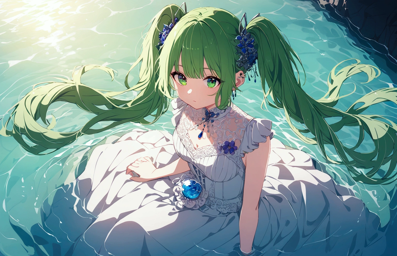 One person, alone, hair ornaments, Green Hair, Twin tails, Long Hair, dress, water