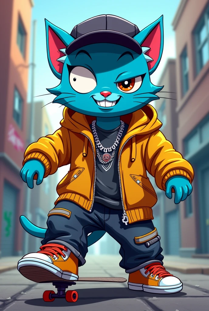 oggy de oggy et les cafards avec un gilet stone island qui fume un cigare en cartoon
