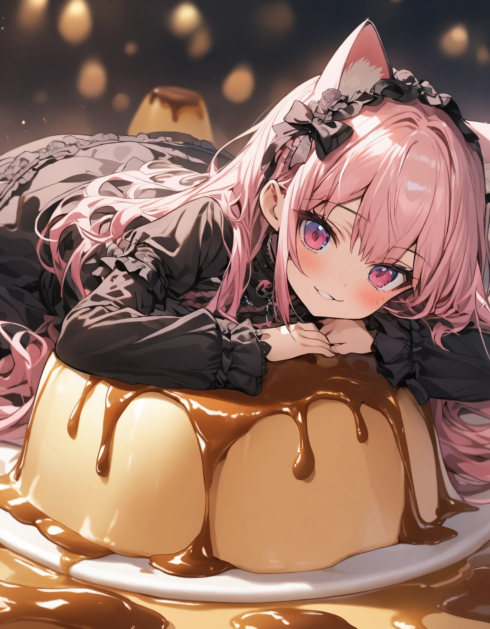 masterpiece、10 year old girl、Pink Hair、Long Hair、gothic lolita、(Cat ear)、smile、(((lie down on a big pudding with caramel sauce)))、Focus on the face, pudding background