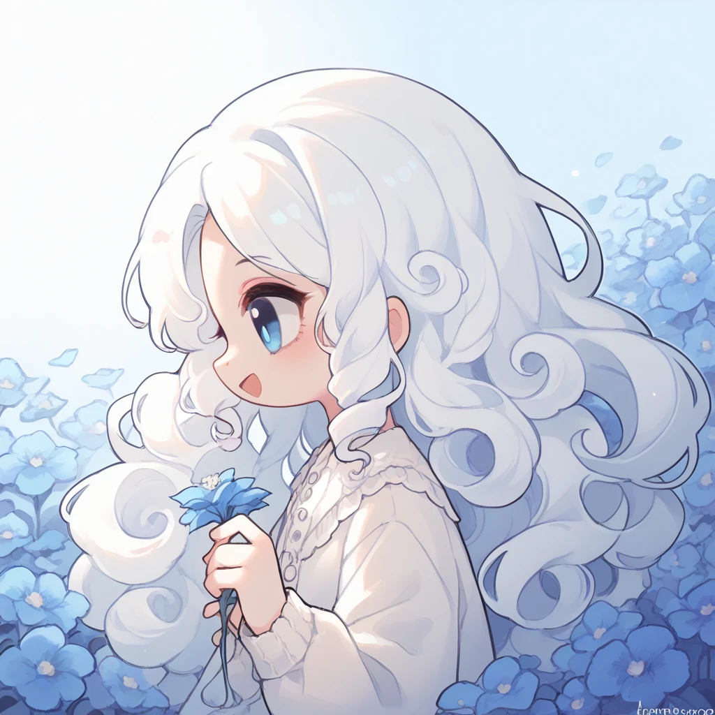 Profile picture，front，White extra-long curly hair，Small blue flowers，White hair，hapiness，Blue Eyes，Open mouth smile，（Two eyes），（front），Reach out