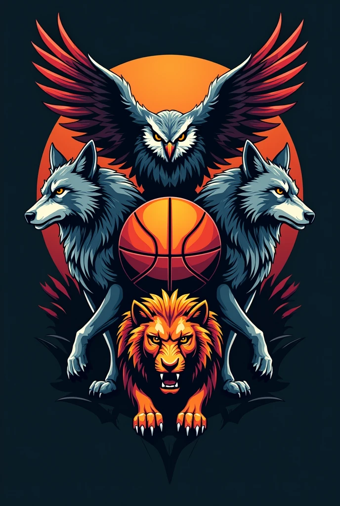 Create a logo where a basketball is in the middle and a wolf on each side, an owl and a lioness 