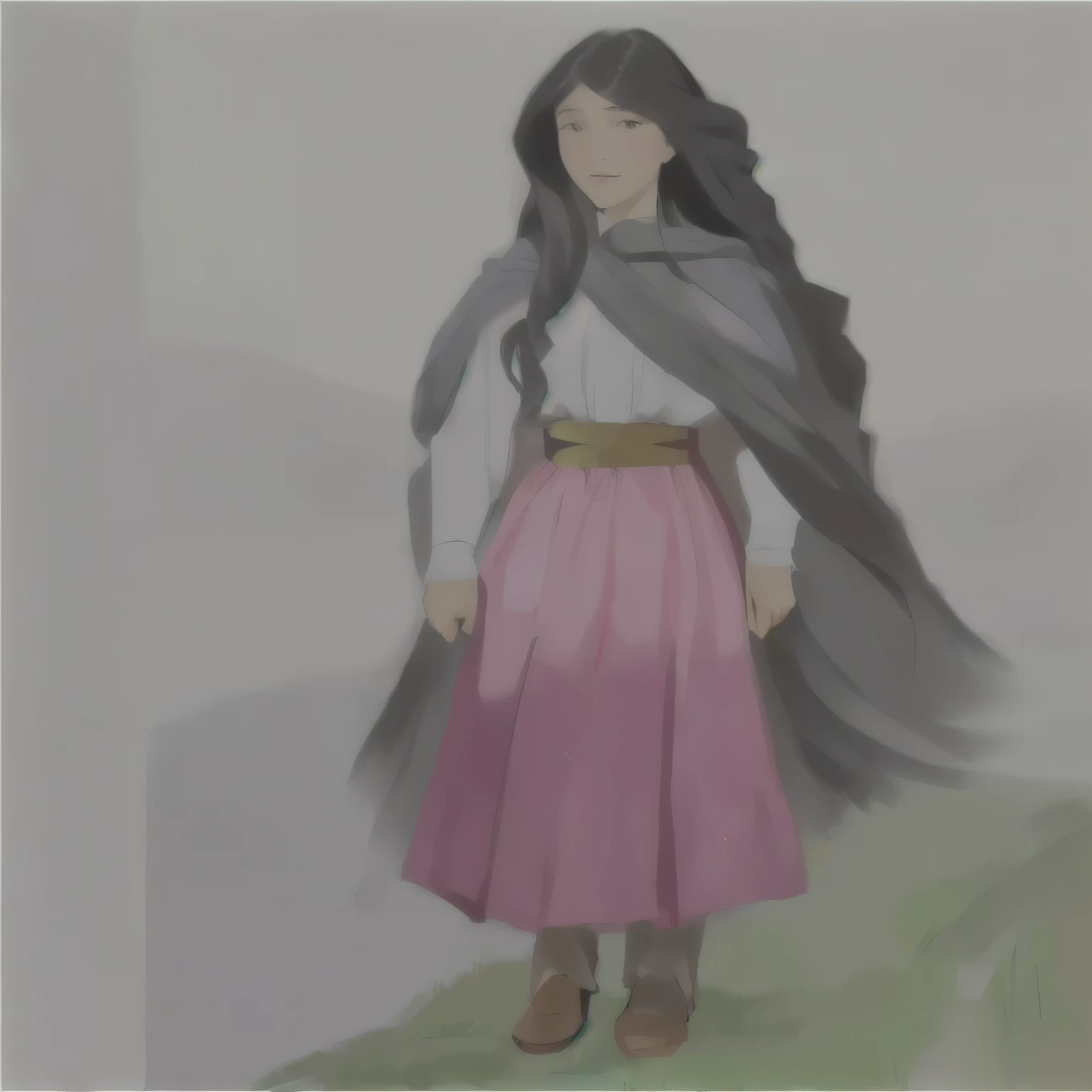 a painting of a girl with long hair and a pink skirt, dressed with long fluent clothes, in a cape with long hair, dressed in a long, flowing skirt, a portrait of the character, Inspired by Edwin Austin Abbey, inspirado em Isobel Heath, costume, inspired by Lü Ji, Maya there like a wind wizard, inspirado por Henriette Wyeth