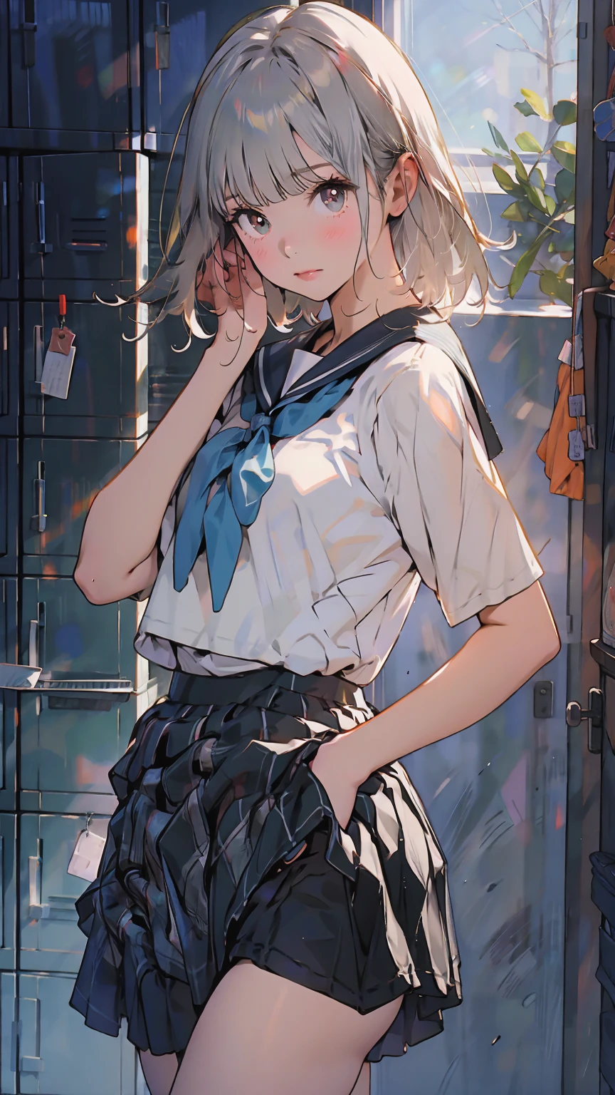 8k, RAW Photos, Highest quality, masterpiece:1.2,One beautiful junior high school girl,Immature woman,Cleavage,((white_hair:1.2)), (Shining pupils),(JC_Sailor suit),mini skirt, ((Pull Panties))、Cowboy Shot、((Pulling on panties))、(Wear a skirt:1.2),I had already finished、(locker room:1.2),
