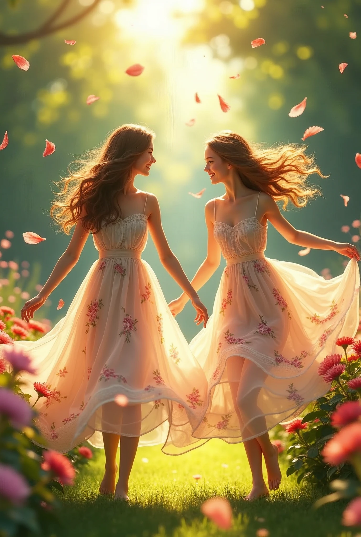 In the garden full of flowers, A luz solar, girls in floral dresses are dancing