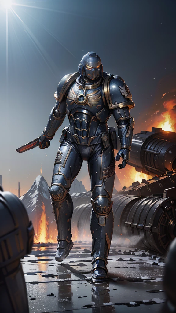 A light-blue and white space marine troop, in an ice plain, during a snowstorm, ((light-blue and white armor, St99rong suit , dramatic light, space marine, light blue armor, fighting pose, snowstorm, snow mountains in the background, a dreadnout in the background, space marine mask, chainsaw sword, strong man, masterpiece, space marine,(Epic armor, metal reflections), hdr, best quality, uhd, 8k resolution, best light, realistic, detailed background, detailed face, detailed hands, full body, (city ruins)(open field surrounded by fire), (alien planet), (spaceships flying in the sky) (white armor highlights) high detailed mask, Warhammer Adeptus, Adeptus Masck