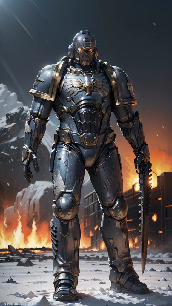 A light-blue and white space marine troop, in an ice plain, during a snowstorm, ((light-blue and white armor, St99rong suit , dramatic light, space marine, light blue armor, fighting pose, snowstorm, snow mountains in the background, a dreadnout in the background, space marine mask, chainsaw sword, strong man, masterpiece, space marine,(Epic armor, metal reflections), hdr, best quality, uhd, 8k resolution, best light, realistic, detailed background, detailed face, detailed hands, full body, (city ruins)(open field surrounded by fire), (alien planet), (spaceships flying in the sky) (white armor highlights) high detailed mask, Warhammer Adeptus, Adeptus Masck
