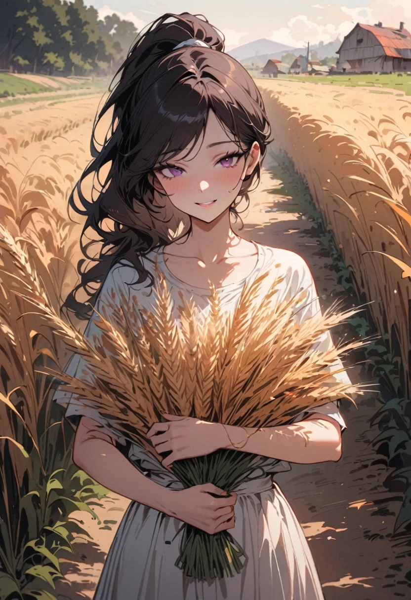 korean woman, (masterpiece, beautiful people, polluted smile), Virtual YouTube, doing farm work in the countryside, (exist (Harvesting wheat: 1.4)), fertilize, weeding, Without makeup, No makeup, country girl, ponytail, Delicate skin texture, Detailed cloth texture, Exquisite and detailed face. masterpiece, slim waist, slim.