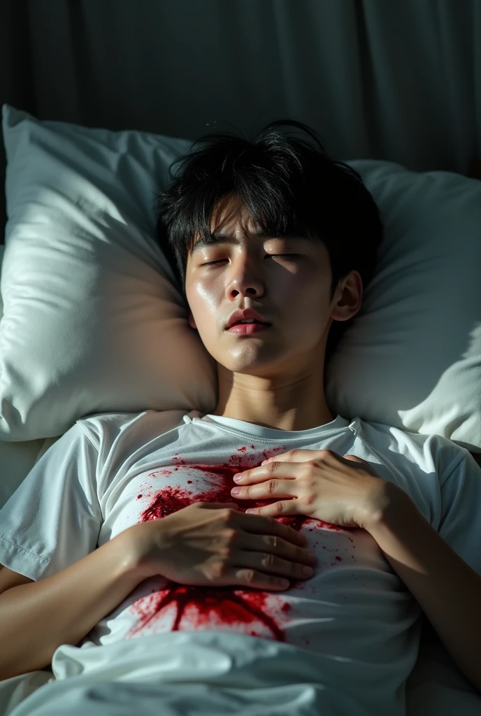 a handsome 19 year old japanese boy, no furs, wearing bloody white running shirt, short pants, a stab wound on his right stomach, painful expression, cold sweat, fainting, lying on bed, heavily bleeding wound, trying to stop bleeding with hand, bloody hand, (best quality,4k,8k,highres,masterpiece:1.2),ultra-detailed,(realistic,photorealistic,photo-realistic:1.37),dramatic lighting,cinematic,hyper-realistic,intricate details,vivid colors,award winning photography,chiaroscuro,dramatic shadows