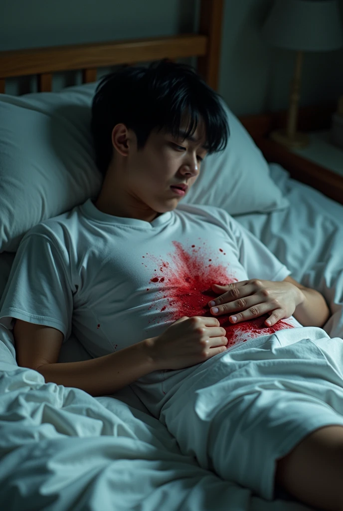a handsome 19 year old japanese boy, no furs, wearing bloody white running shirt, short pants, a stab wound on his right stomach, painful expression, cold sweat, fainting, lying on bed, heavily bleeding wound, trying to stop bleeding with hand, bloody hand, (best quality,4k,8k,highres,masterpiece:1.2),ultra-detailed,(realistic,photorealistic,photo-realistic:1.37),dramatic lighting,cinematic,hyper-realistic,intricate details,vivid colors,award winning photography,chiaroscuro,dramatic shadows