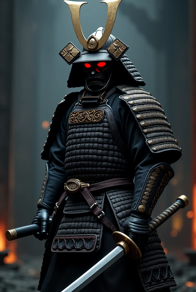 (best quality,4k,8k,highres,masterpiece:1.2),ultra-detailed,realistic:1.37,a samurai in the Sengoku period of Japan,wearing complete samurai armor,black samurai mask,holding a sharp samurai sword,the intense sense of oppression,glowing red eyes