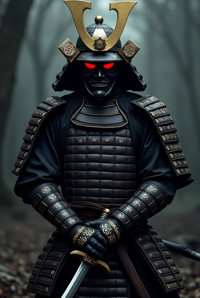 (best quality,4k,8k,highres,masterpiece:1.2),ultra-detailed,realistic:1.37,a samurai in the Sengoku period of Japan,wearing complete samurai armor,black samurai mask,holding a sharp samurai sword,the intense sense of oppression,glowing red eyes