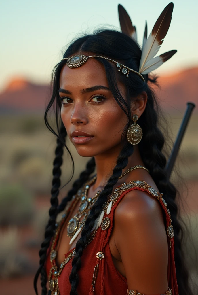portrait photography of Marie Avgeroupolus as Pocahontas, young beautiful native american woman, perfect symmetrical face, indigenous feather jewelry, traditional handmade dress, armed hunter warrior, (((Wild West))) enviroment, Utah Landscape, ultra realistic, conceptual artwork, chic, ((intrikate)), ((highy detailed)), Depth of field, ((professional color grading)), iluminação enviroment suave, twilight, 8k, arte de artgerm y greg rutkowski y alphonse mucha