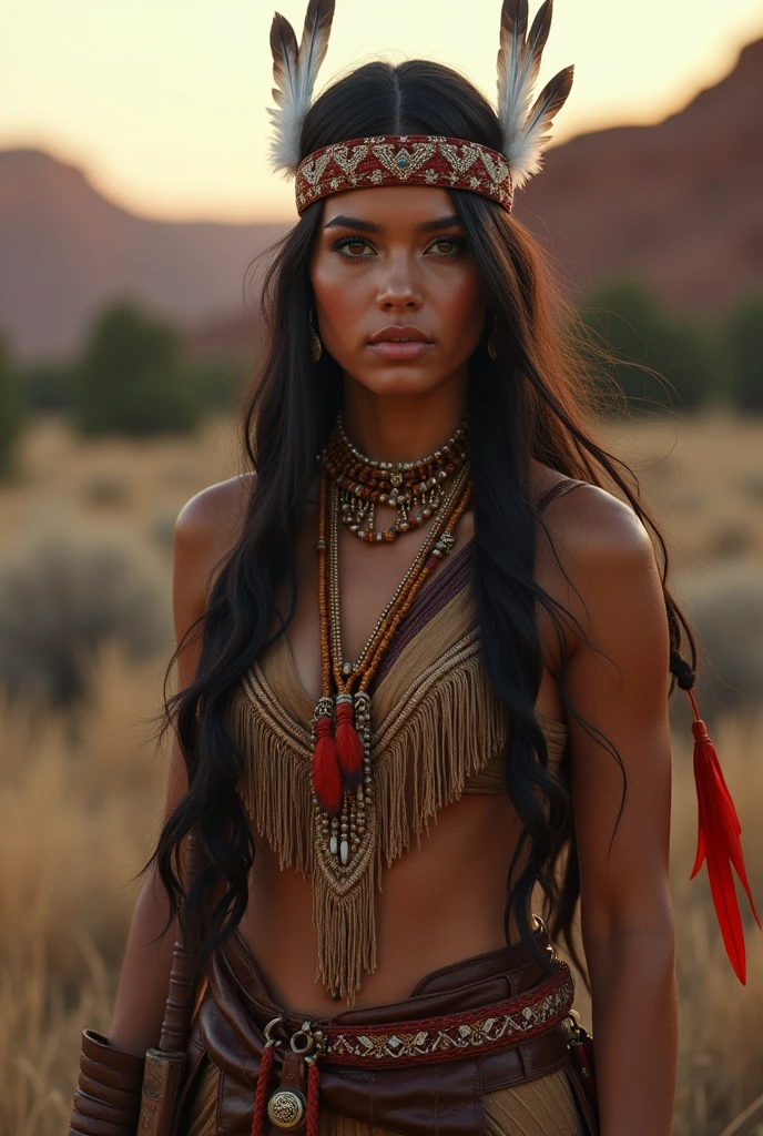 portrait photography of Marie Avgeroupolus as Pocahontas, young beautiful native american woman, perfect symmetrical face, indigenous feather jewelry, traditional handmade dress, armed hunter warrior, (((Wild West))) enviroment, Utah Landscape, ultra realistic, conceptual artwork, chic, ((intrikate)), ((highy detailed)), Depth of field, ((professional color grading)), iluminação enviroment suave, twilight, 8k, arte de artgerm y greg rutkowski y alphonse mucha